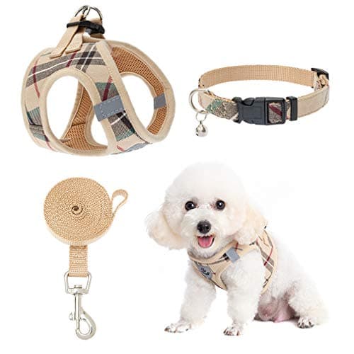 Classic Plaid Cat Harness & Leash Set with AirTag Holder - Khaki